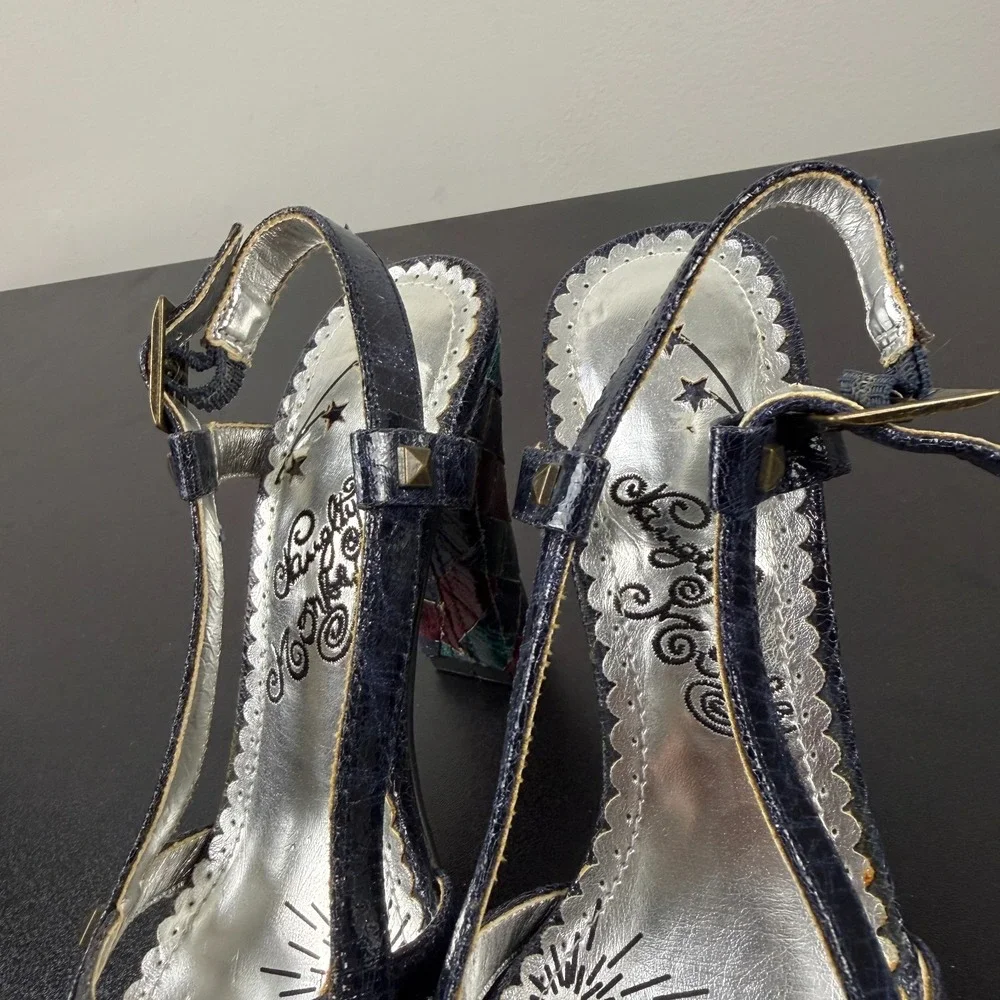 Naughty Monkey Slingback Block Heels Women's 6 Blue Leather Studded Straps Y2K
